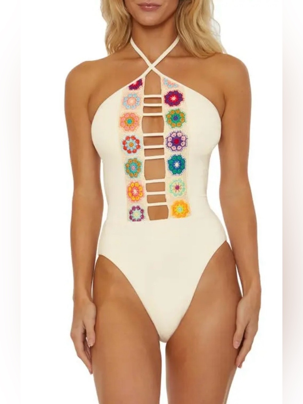 NWT Isabella Rose Cream One-Piece Swimsuit Multicolor Crochet Front Sz Large